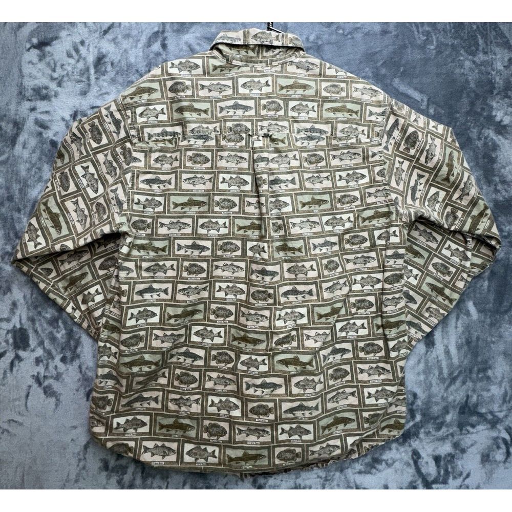 Woolrich Men's Shirt L Khaki Fish Print Long Sleeve‎ Button Up Outdoors 6380 - Picture 2 of 11